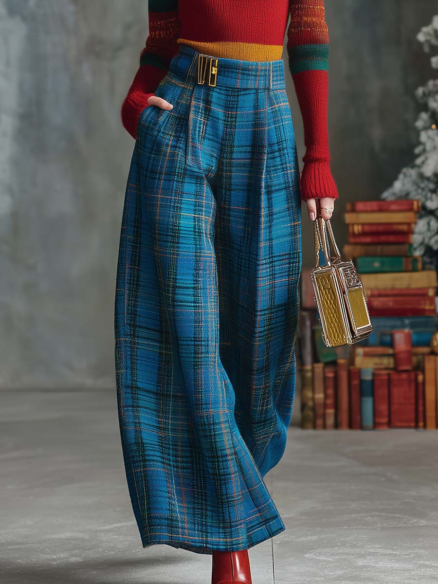 Vintage Fashion Versatile Blue Plaid Wide-leg Pants