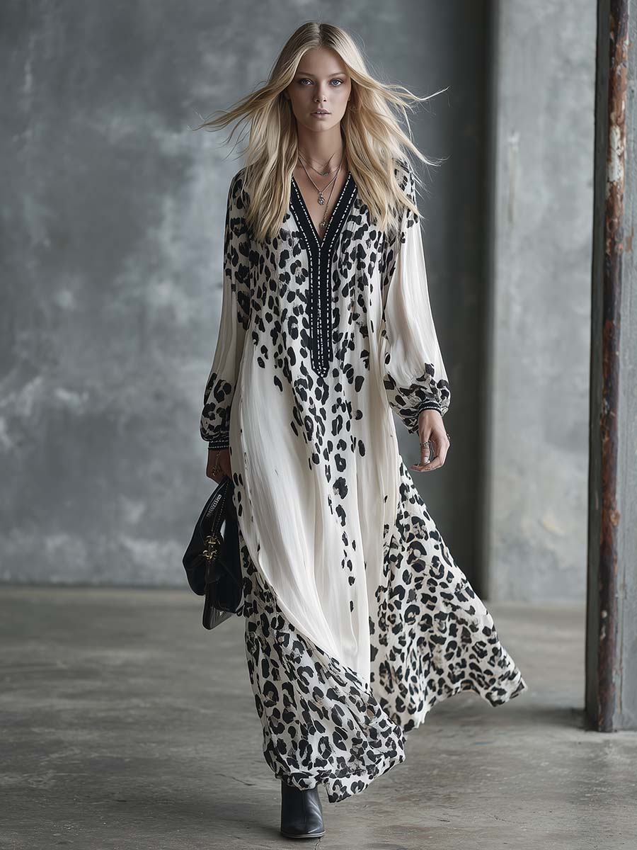 Retro Fashion Flowing V-neck Black Leopard Print White Chiffon Maxi Dress