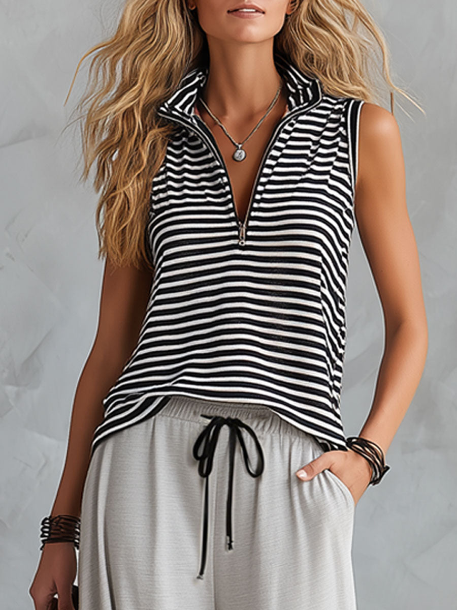 Sporty Retro Black And White Striped Half-Zip Sleeveless T-Shirt And Wide-Leg Pants Set
