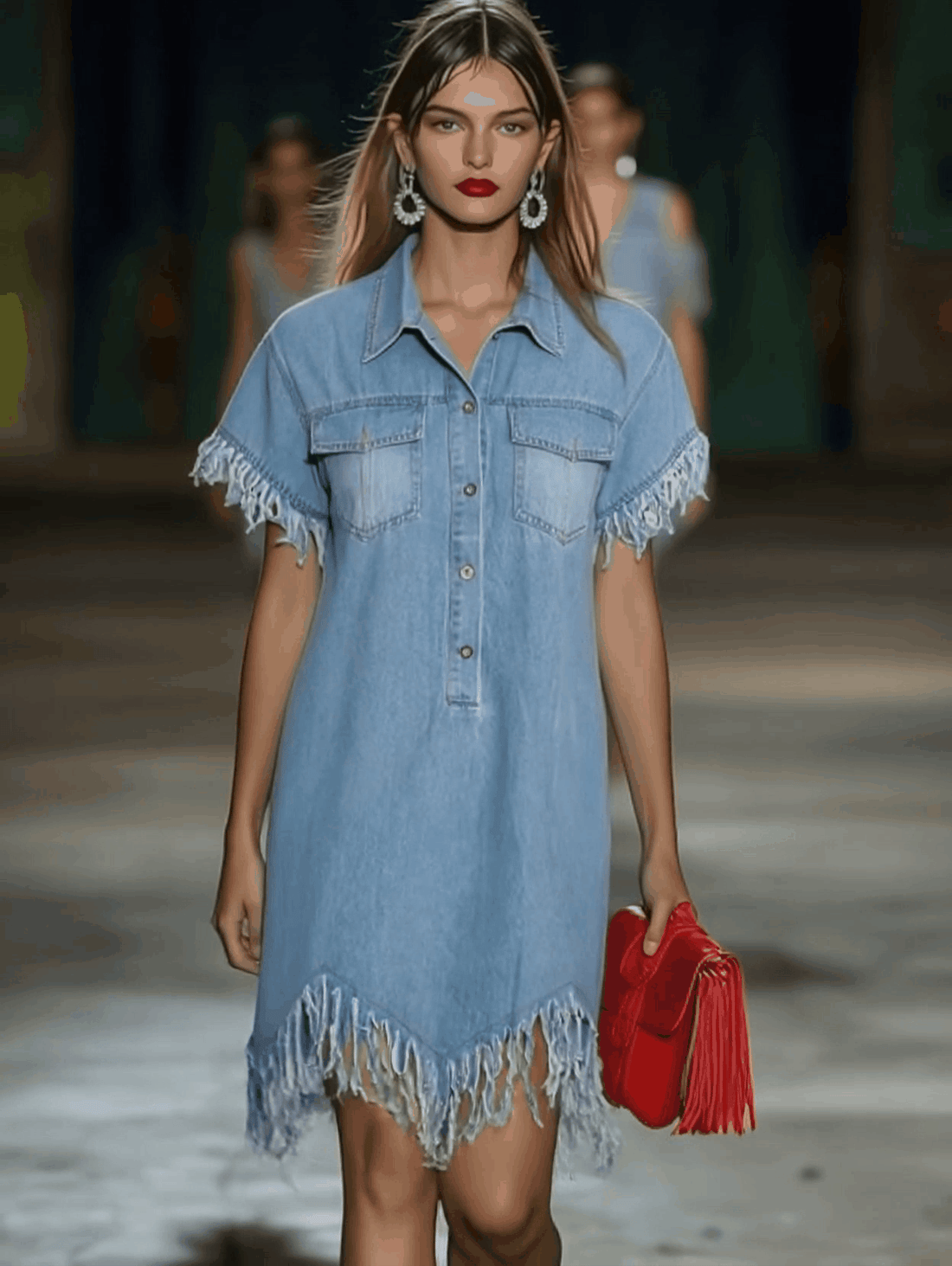 Casual Loose Vintage Denim Short Sleeve Shirt Tassel Mini Dress