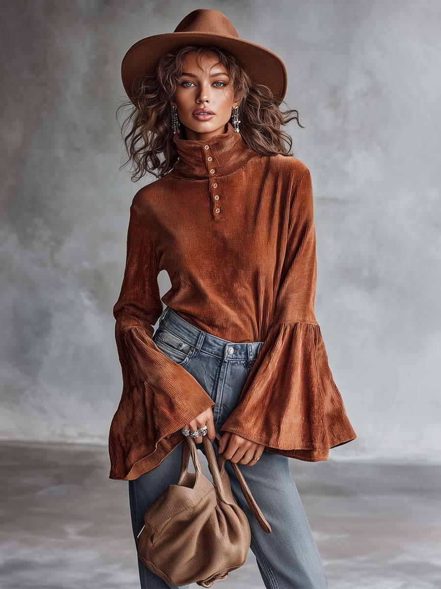 Elegant Vintage High-neck Front Button Bell-sleeve Rust Orange Chenille Blouse