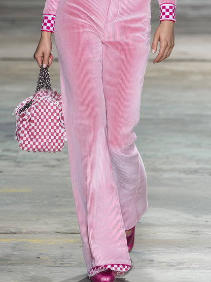 Stylish Pink Corduroy Patchwork Plaid Top And Long Pants Set