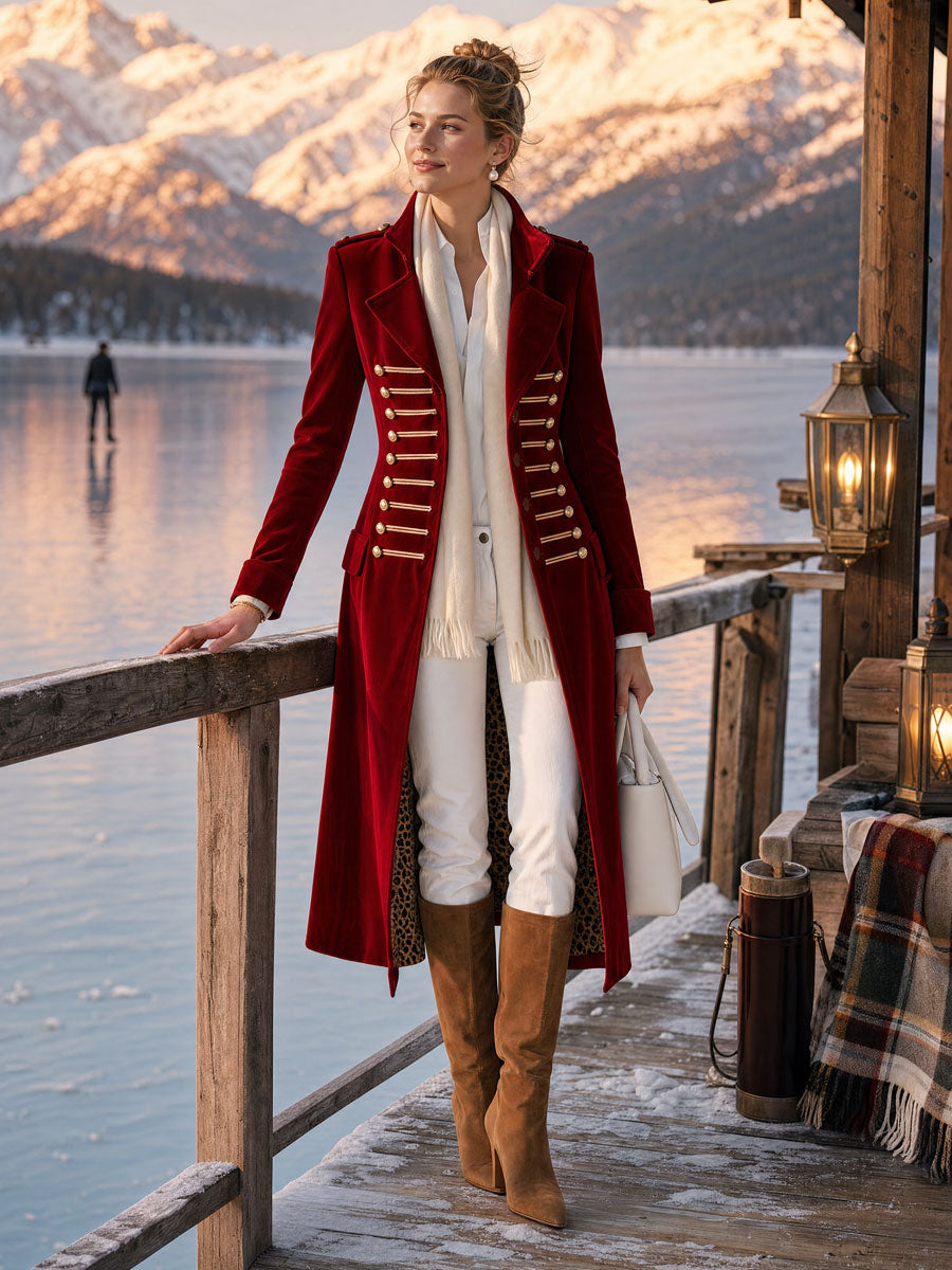 Stylish Retro Military-style Leopard Print Lining Red Velvet Gold Button Loop Coat