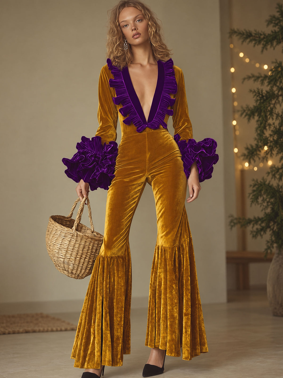 Fashion Party Purple Ruffle Long Sleeve Flared Gold Velvet Jumpsuit