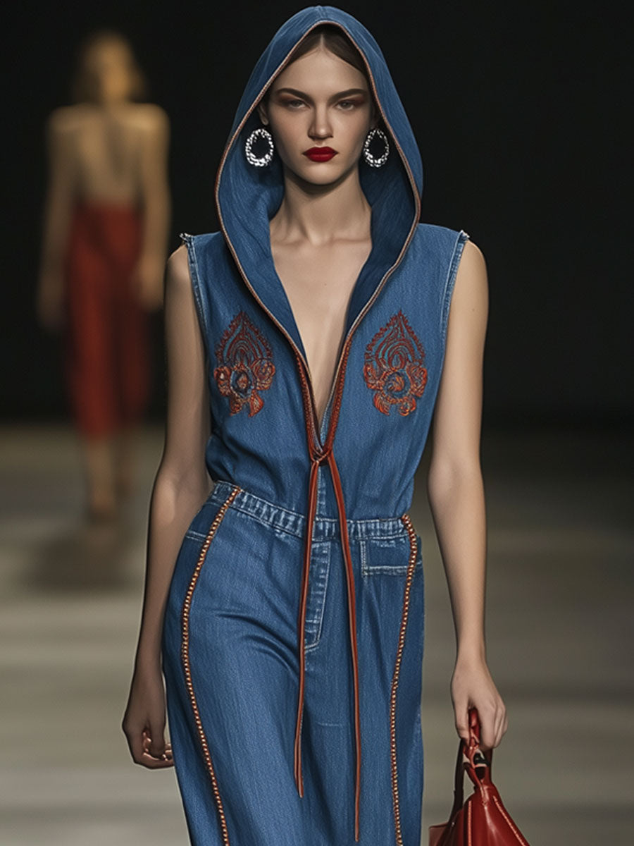 Casual Loose Retro Denim Bohemian Embroidered Sleeveless Hooded Jumpsuit