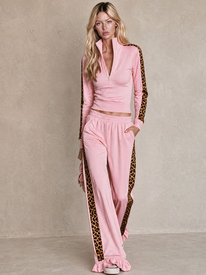 Retro Sporty Leopard Print Woven Pink Cotton Top And Ruffled Pants Set