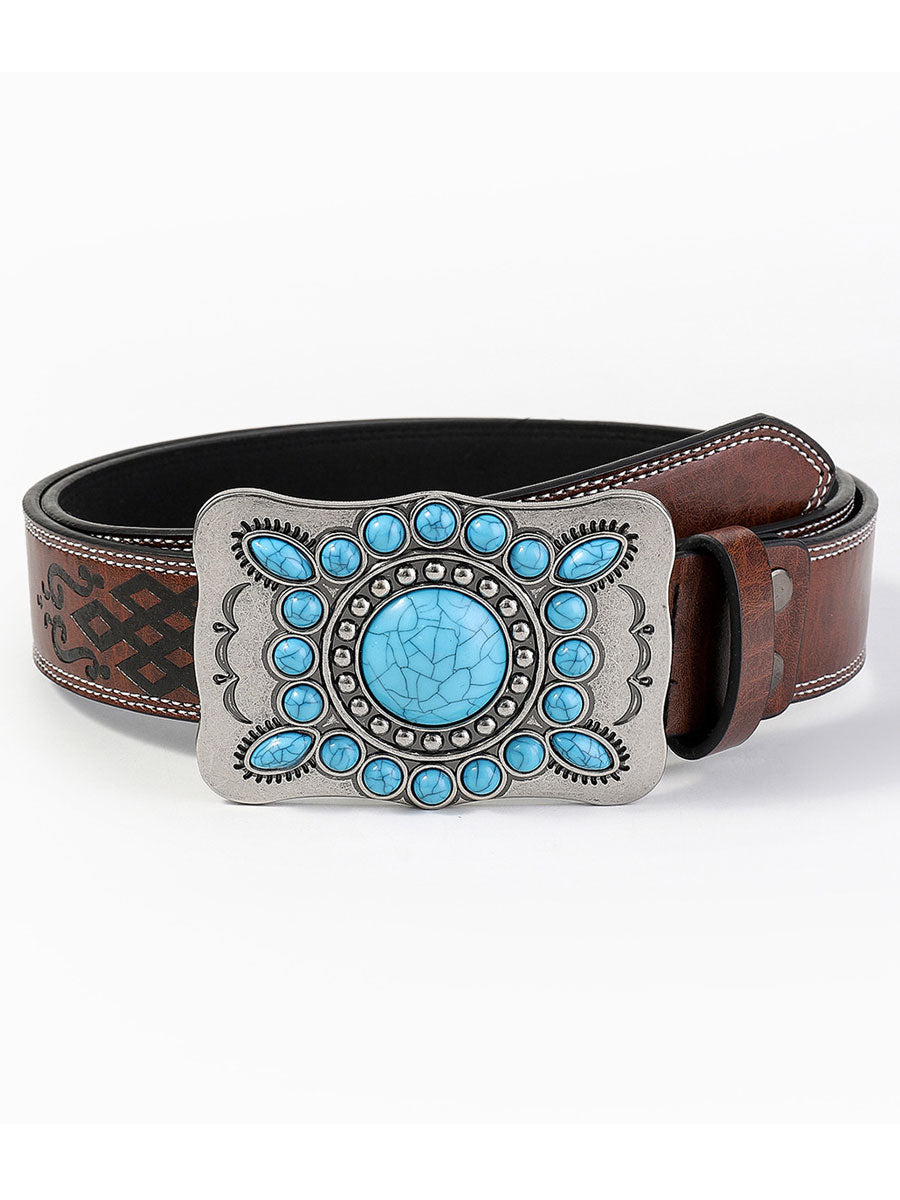 Casual Vintage Gem Flower Decorated PU Leather Belt