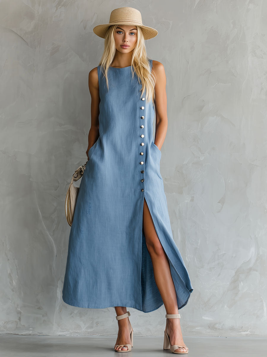 Blue Round Neck Side Slit Sleeveless Cotton Midi Dress
