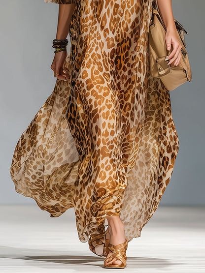 Leopard Print V-neck Cold Shoulder Chiffon Short-sleeved Maxi Dress