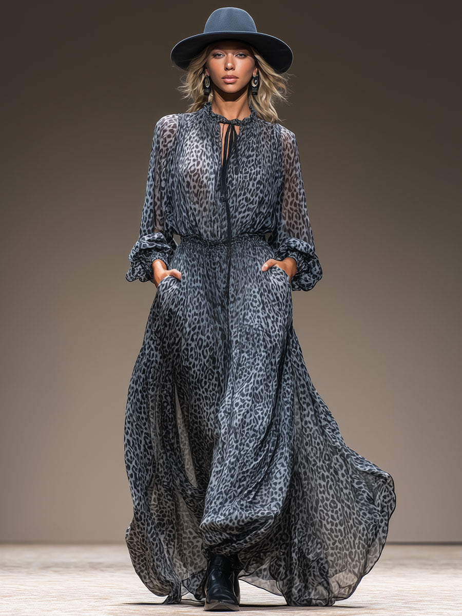 Retro Leopard Print Blue Chiffon V-neck Tie-waist Long Sleeve Maxi Dress