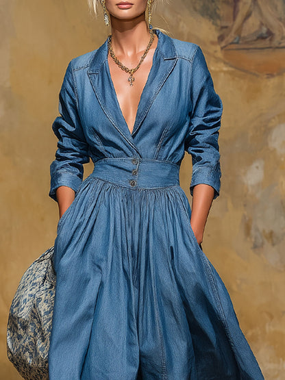 Retro Style Lapel Collar Double Pocket Button-up Long-sleeved Maxi Dress