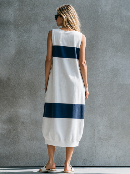Casual Basic Everyday Blue-and-White Color-Block Cotton Midi Dress