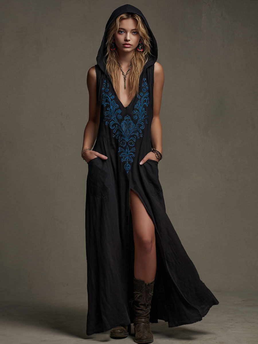 Western-style Retro Embroidered Black Sleeveless Hooded Cotton-linen Maxi Dress