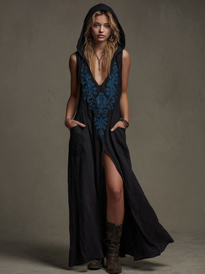 Western-style Retro Embroidered Black Sleeveless Hooded Cotton-linen Maxi Dress