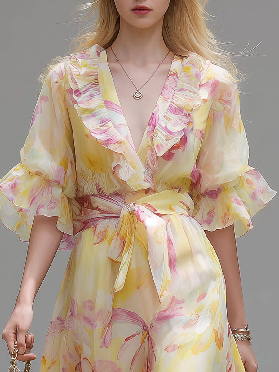 Elegant And Comfortable V-neck Ruffled Short-sleeved Long Dress