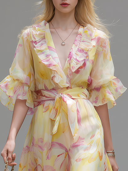 Elegant And Comfortable V-neck Ruffled Short-sleeved Long Dress