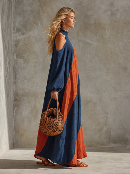 Retro Contrast-color Diagonal-paneled Off-shoulder Puff-sleeve Loose Long Denim Dress