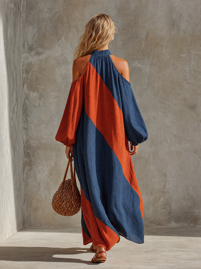 Retro Contrast-color Diagonal-paneled Off-shoulder Puff-sleeve Loose Long Denim Dress