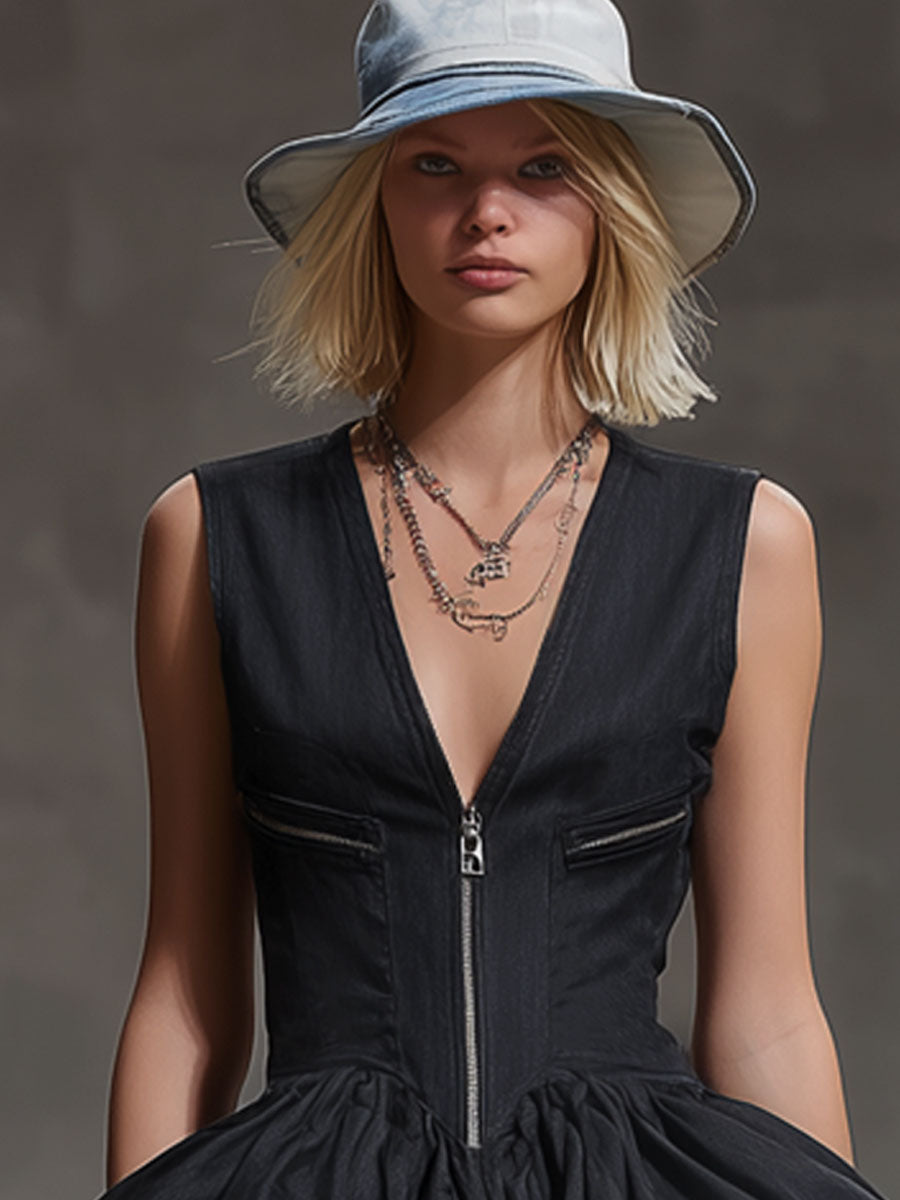 V-neck Zippered Sleeveless Cotton And Linen Mini Dress