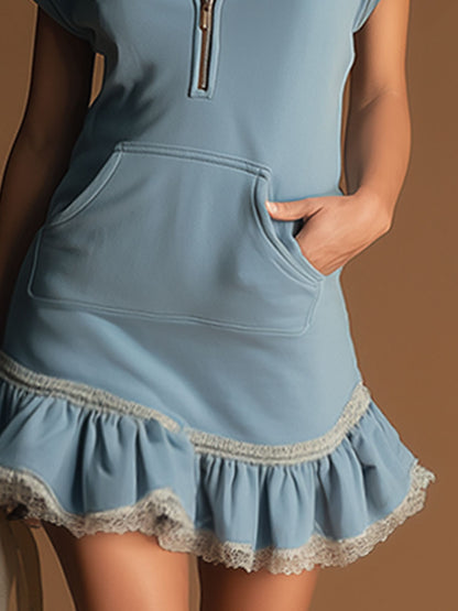 Casual Sporty White Lace-trimmed Blue Short-sleeved Hooded Mini Dress