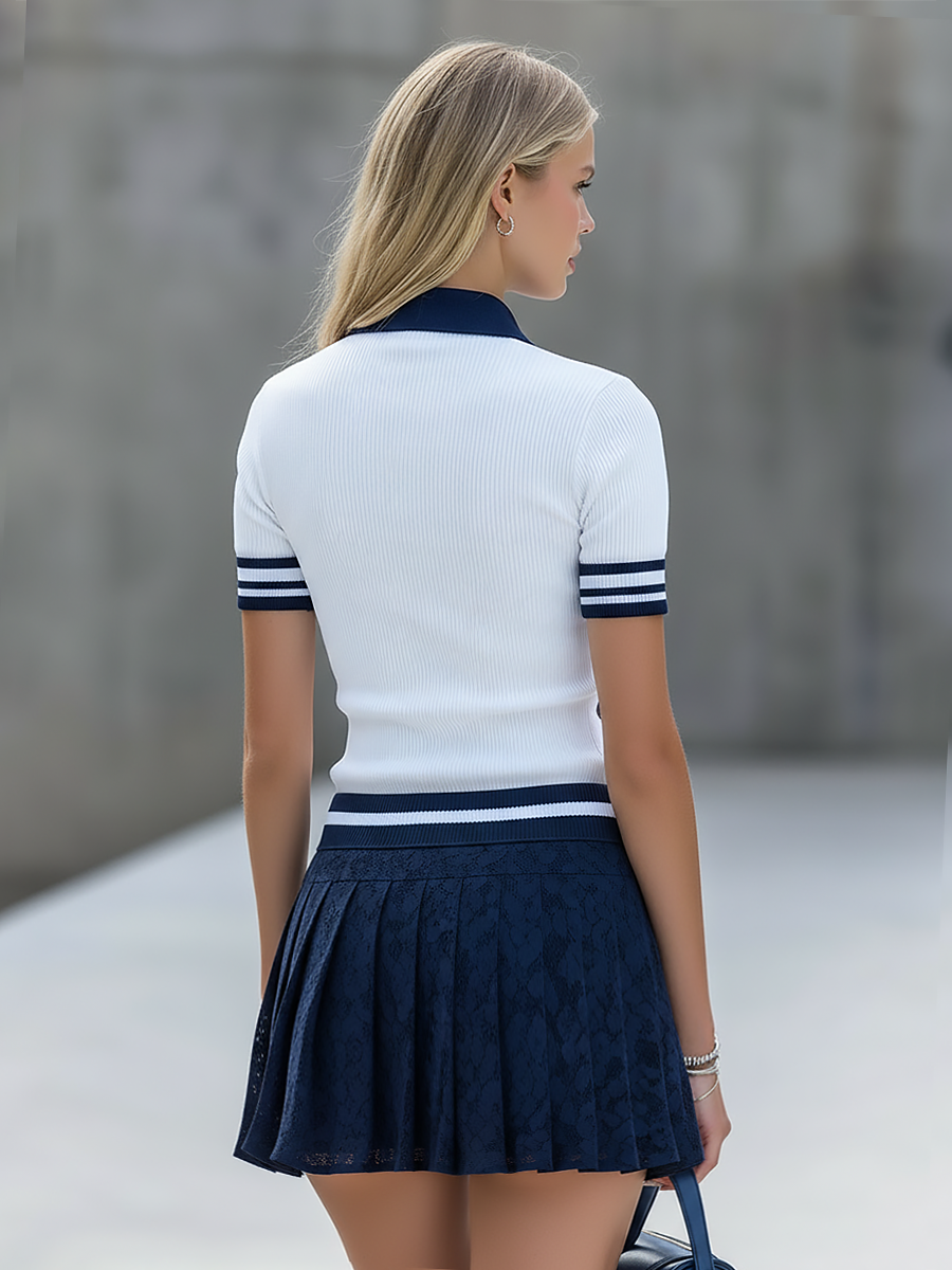 Athletic Retro Half-zip Color-block Knit T-shirt And Lace Pleated Skirt Set