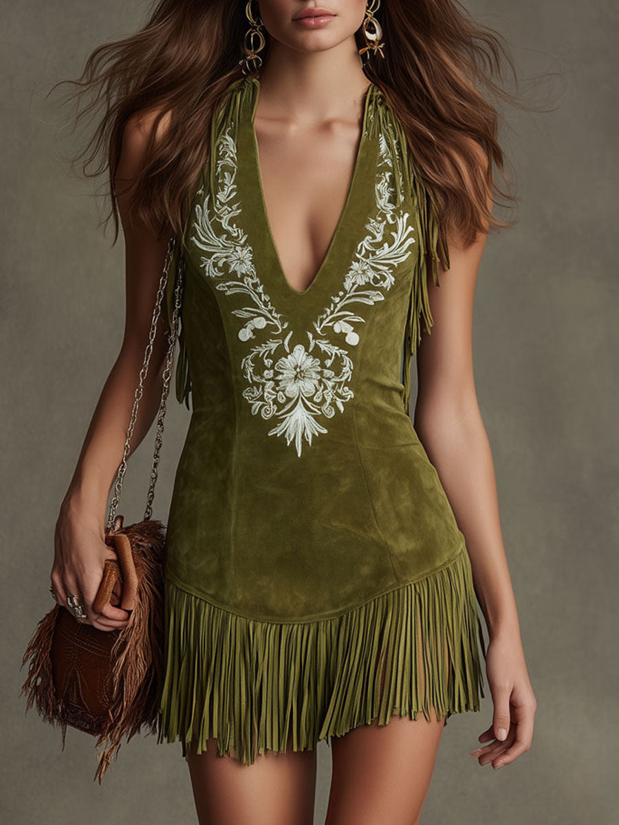 Western Retro Military Green Faux Suede Embroidered Tassel Sleeveless Mini Dress