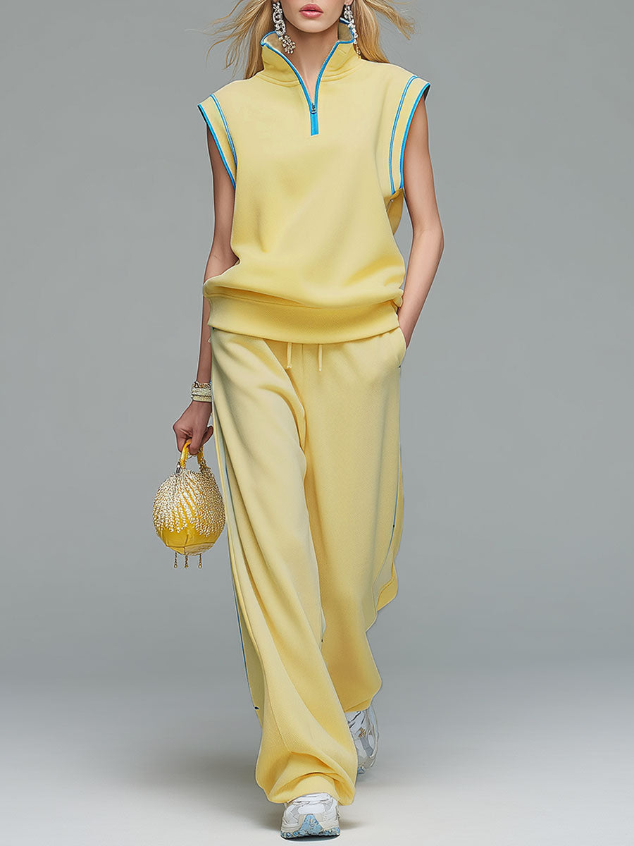 Fashionable Sporty Blue Trim Yellow Stand-up Collar Cotton Blend Top And Pants Set