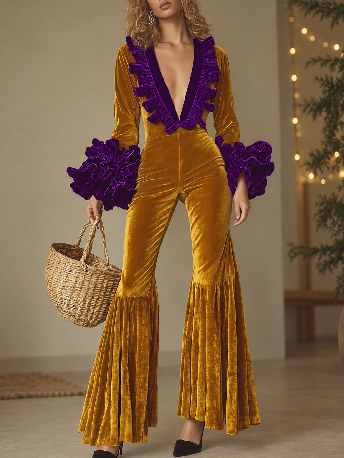 Fashion Party Purple Ruffle Long Sleeve Flared Gold Velvet Jumpsuit
