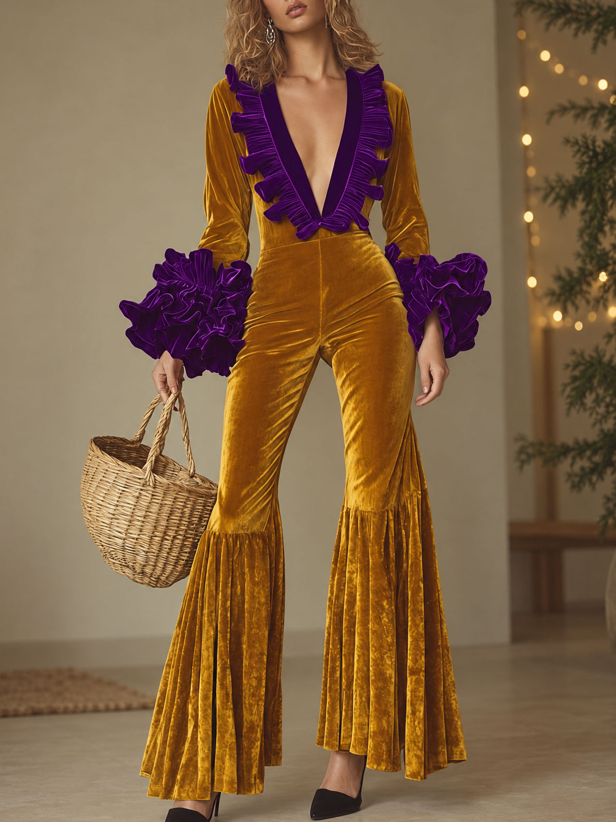 Fashion Party Purple Ruffle Long Sleeve Flared Gold Velvet Jumpsuit