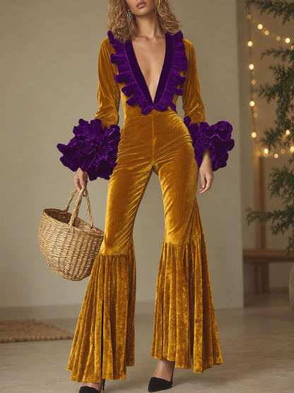 Fashion Party Purple Ruffle Long Sleeve Flared Gold Velvet Jumpsuit