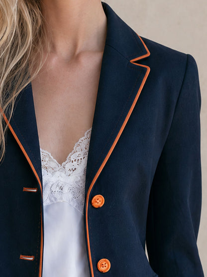 Retro-style Color-blocked Trimmed Blue Single-breasted Cotton-linen Blazer