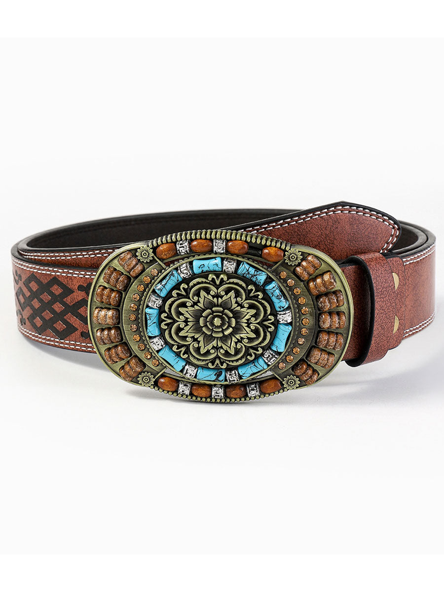 Casual Vintage Gem Flower Decorated PU Leather Belt