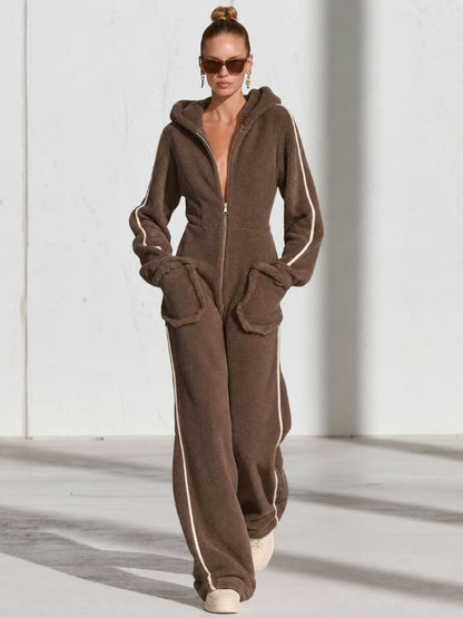 Casual Warm Fleece Color Block Long-Sleeved Hooded Jumpsuit