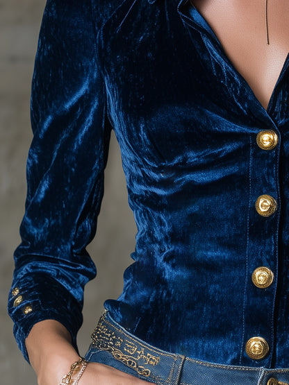 Elegant Blue Velvet Long-sleeved  With Gold Buttons Shirt