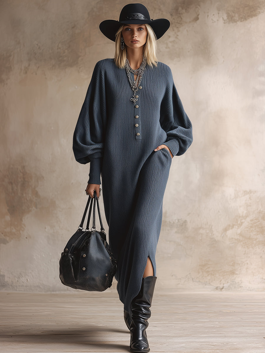 Casual Retro V-neck Button-down Dark Gray Loose Knit Slit Maxi Dress