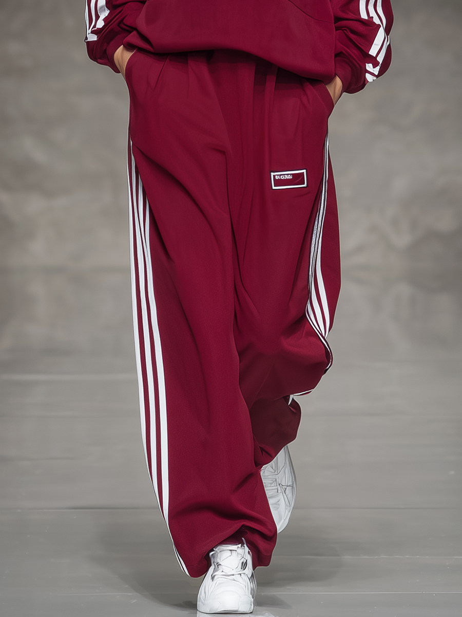 Sporty Retro Striped Hoodie And Wide-leg Pants Set