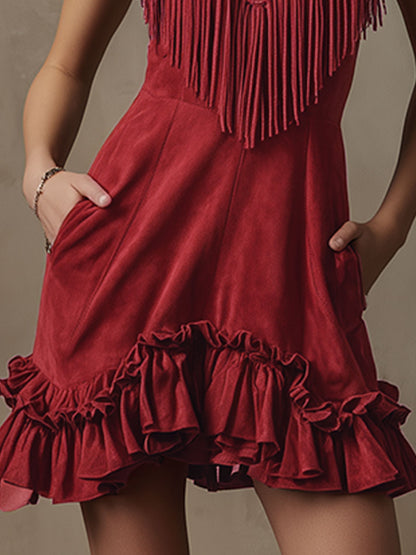 Western Retro Tassel Red Sleeveless V-Neck Faux Suede Mini Dress