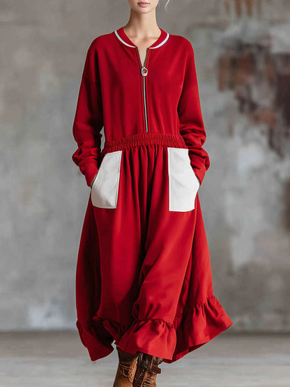 Loose-fitting Sporty Style Double-pocket Zip-up Long-sleeved Midi Dress