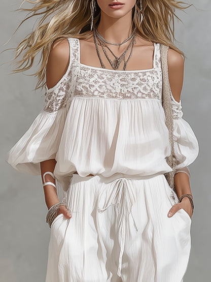 Square-neck Off-the-shoulder Lace Puff-sleeve Top And Pants Set