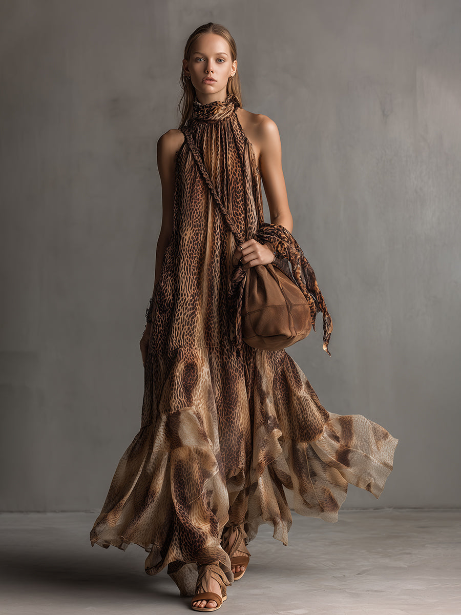 Elegant Urban Brown Leopard Print Chiffon Halter Neck Maxi Dress