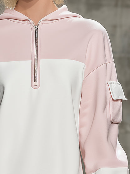 Stylish Pink And White Color-block With A Half-zip And Ruffled Hem Mini Dress