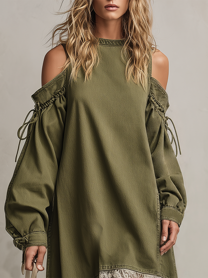 Bohemian Off-shoulder Lace-up Lace Denim Dress