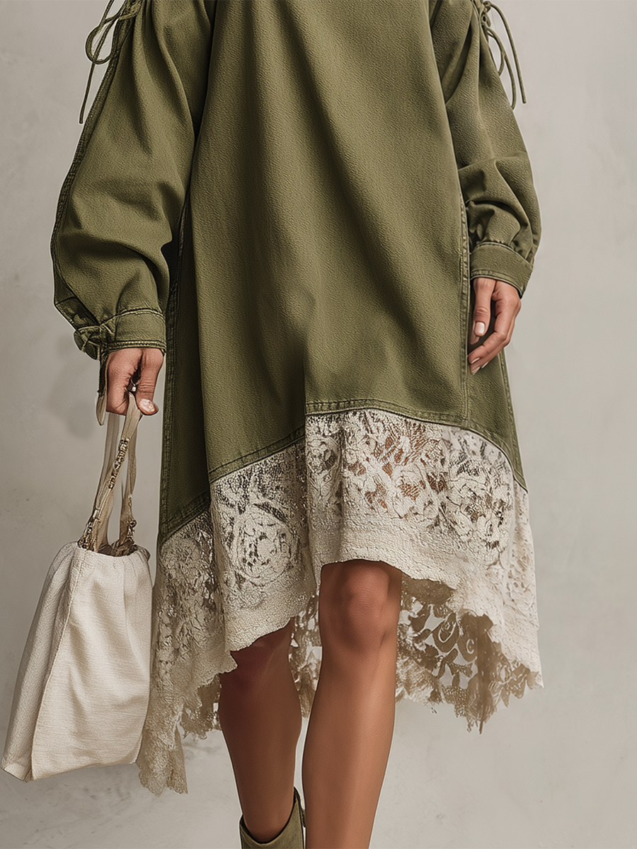 Bohemian Off-shoulder Lace-up Lace Denim Dress
