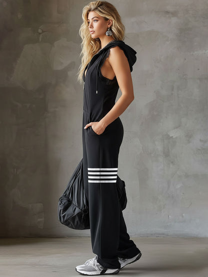 Sporty Retro Lace Striped Black Sleeveless Hooded Jumpsuit