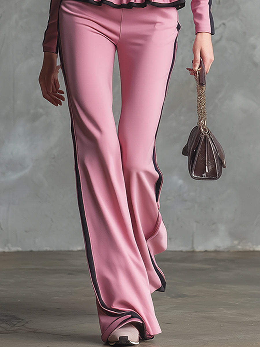 Elegant And Sporty Ruffled Pink T-shirt And Pants Set