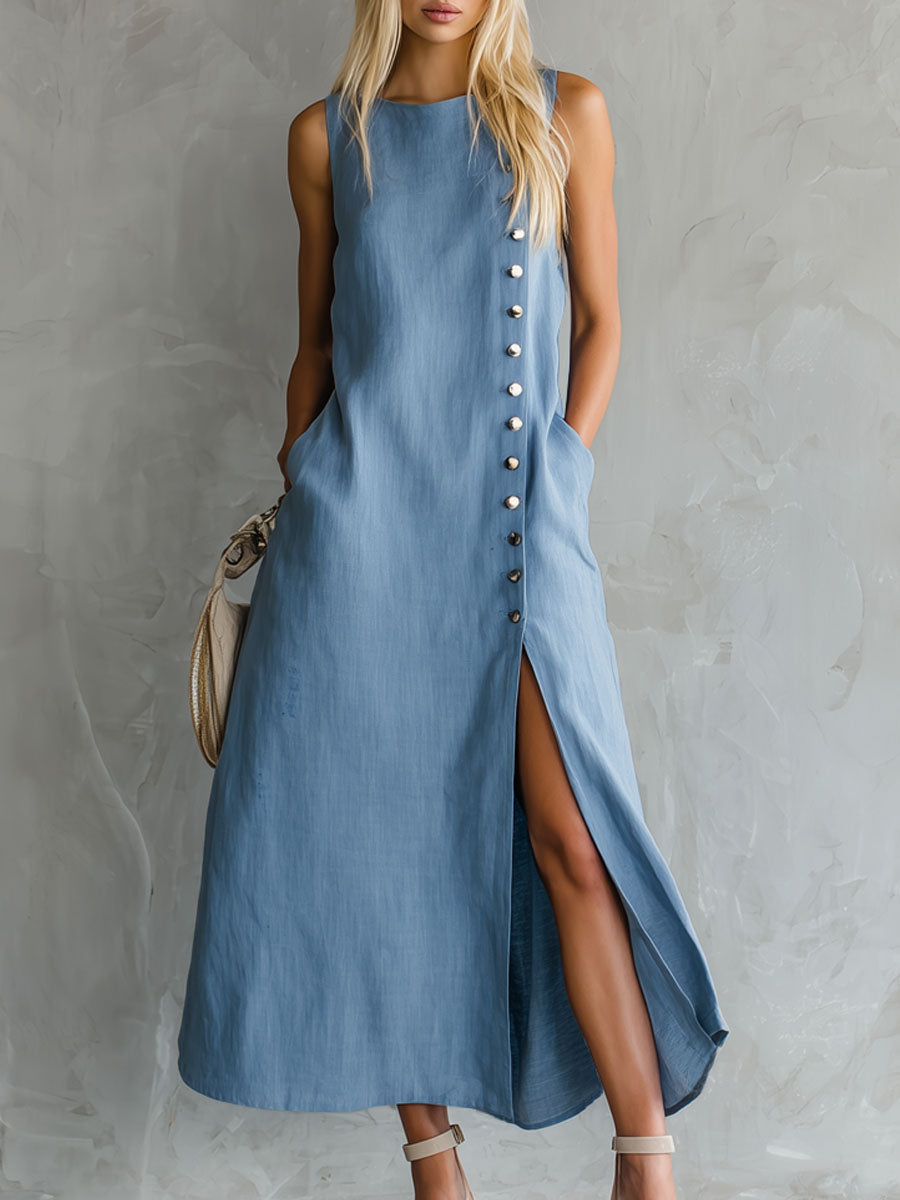 Blue Round Neck Side Slit Sleeveless Cotton Midi Dress
