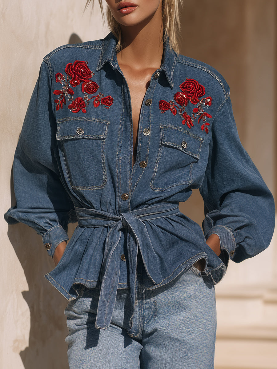 Casual Western Rose Embroidered Blue Denim Jacket