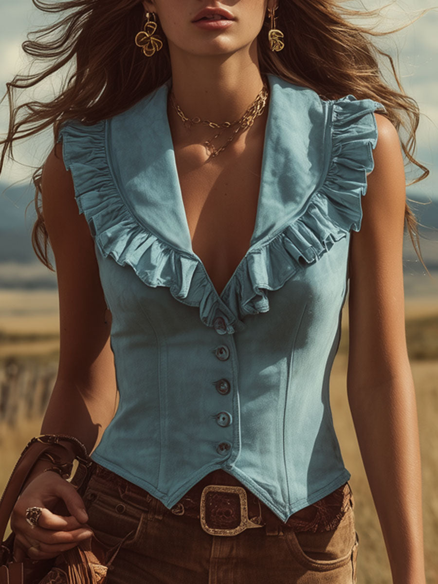 Western Retro Bohemian Style Lake Blue Faux Suede Ruffled Sleeveless Shirt