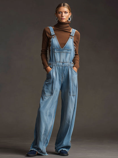 Casual Retro Washed Frayed Light Blue Denim Wide-leg Overalls