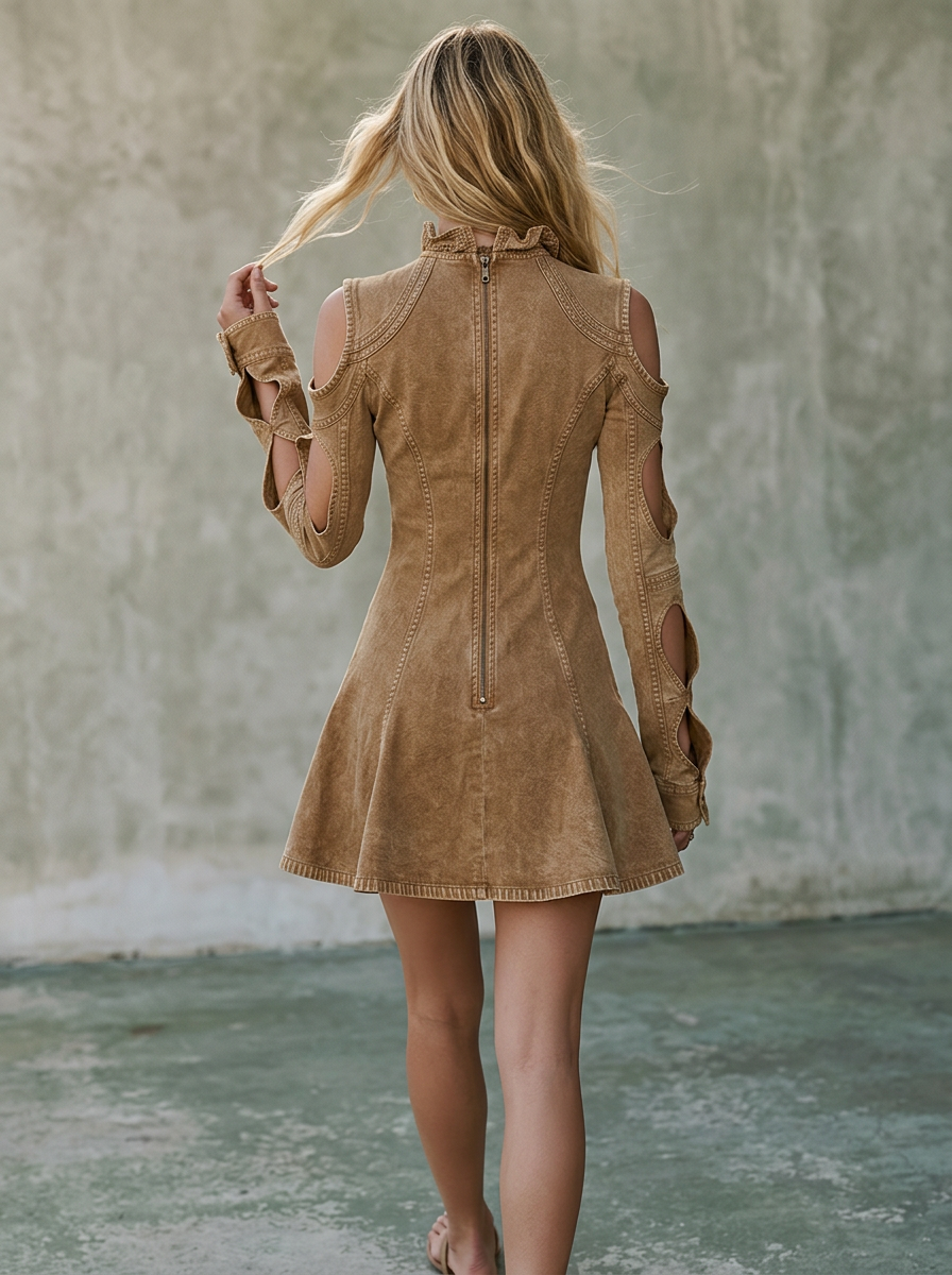 Ruffle V-Neck Cold-Shoulder Distressed Denim Dress – Cutout-Sleeve Fit-&amp;-Flare Mini